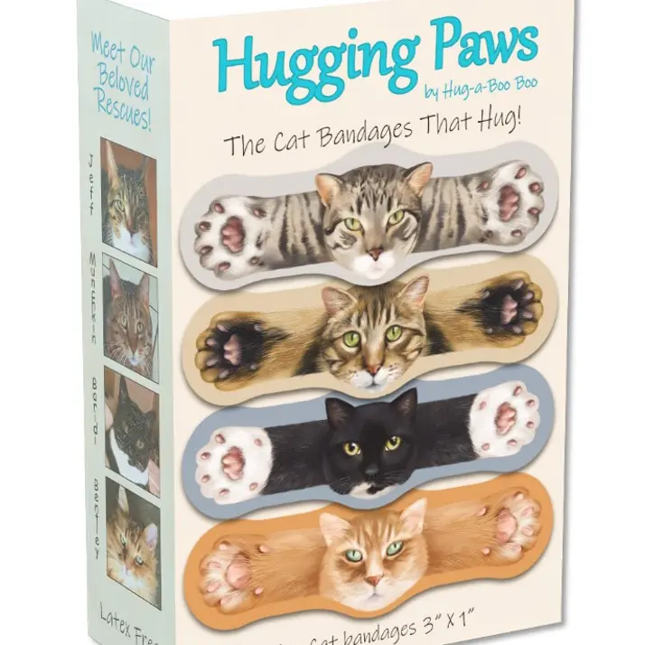Hugging Paws Cat Themed Bandages from Hug-a-BooBoo, The Amazing Cat Bandages That Hug! Makes Healing BooBoos Fun! Features Beautiful Paintings of Actual Rescue Cats! Great Cat Lover Gift and Cat Stickers Too! 24 Count