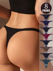 5/8 pcs Women's Seamless Thongs, Lightweight Breathable Comfort Triangle Underwear, Low-Waist Plain Bikini Lingerie, All Seasons