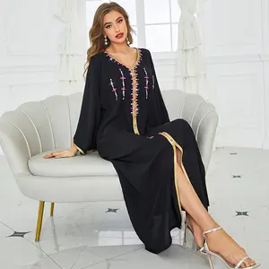 Arabic Clothing 2025New black hand-stitched diamond-encrusted dress for Dubai and Middle East travel Long-sleeved dress Women's Notched Neck Longsleeves Dress Muslim Women Gowns,Women's Solid Color Maxi Abaya