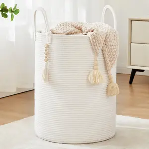 Woven Rope Laundry Hamper, Tall Laundry Basket for Blanket Storage, Large Dirty Clothes Hamper for Toys, Decorative Baby Nursery Hamper for Bedroom, Living Room - White, 58L