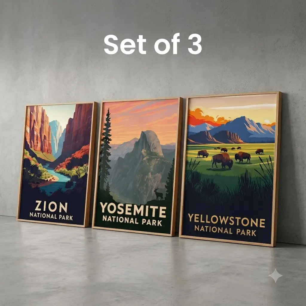 Set of 3 Vintage National Park Posters, Scenic Mountain Landscape Wall Art, Nature Travel Prints, Rustic Cabin Decor, Forest & Wildlife Home Decoration