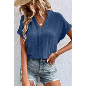 Sail Blue Notched Neck Batwing Sleeve Lightweight Blouse