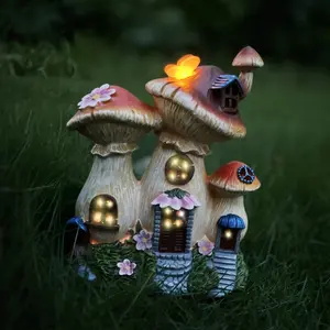 Garden Statue Outdoor / Indoor Decor, Solar Mushroom House Sculptures with Glowing Butterfly