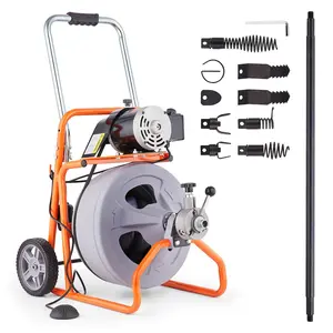 VEVOR Drain Cleaner Machine 100FT x 1/2 Inch, Auto Feed Sewer Snake Drain Auger on Wheels, Portable Drain Cleaning Machine with 8 Cutters & Air-activated Foot Switch for 2" to 4" Pipes