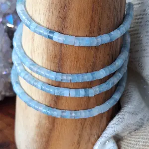 Blue Aquamarine Beads Macrame Adjustable Bracelet with Beige Color Thread for Women