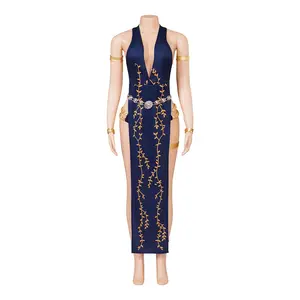 Queen Marika Cosplay Costume Women Sexy Halter Deep V Neck Dress Sleeveless High Slit Long Dress Halloween Costume