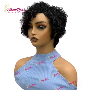 ShowReal Short Pixie Curly Human Hair Wigs for Black Women Natural Black Curly Wave Wig Unprocessed No Tangle No Shedding Low Maintenance