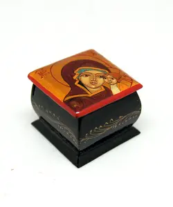 Virgin Mary and a Child Tiny "Palekh" Lacquered Miniature Jewelry Box Authentic Hand Painted Decor by G.DeBrekht Unique Handmade Gift Collectible and Home Decoration