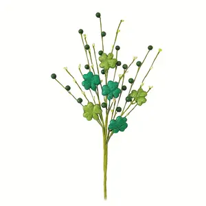 1pc St. Patrick's Day Shamrock Artificial Flower Branches Centerpiece Decorations, Artificial Green Glitter Four-leaf Clover Berry Stems, St. Patrick's Day Tabletop Decorations, Party Decorations, Home Decorations, Artificial Fake Flowers