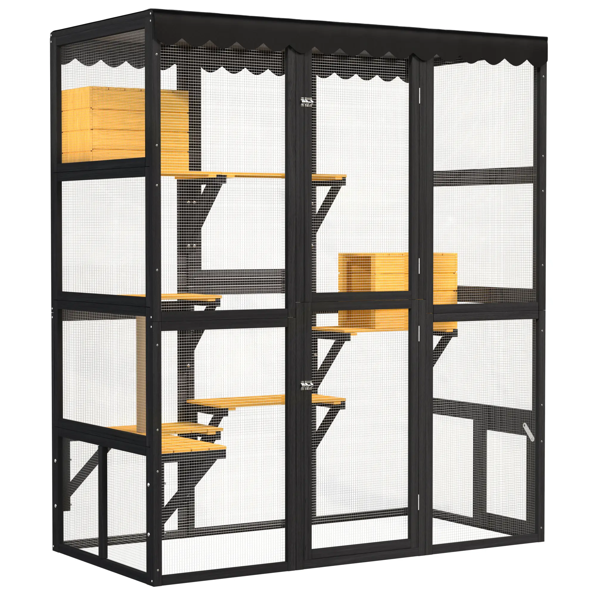 Large Wooden Walk-In Cat Catio with Window Connection, 2 Condos & 5 Platforms, 4 Doors, Weatherproof Roof Cover – Outdoor Cat Enclosure for Multiple Indoor Cats