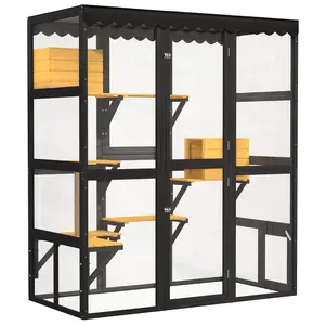 Large Wooden Walk-In Cat Catio with Window Connection, 2 Condos & 5 Platforms, 4 Doors, Weatherproof Roof Cover – Outdoor Cat Enclosure for Multiple Indoor Cats