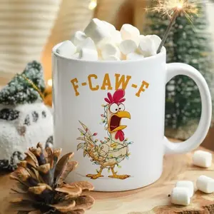 BNB Funny Gifts – Chicken Meme Farm Animal 11oz/15oz White Ceramic Mug, Chicken F-Caw-F Wrapped in Xmas Lights Coffee Cup Gifts for Besties Sister Coworker Workmates on Birthday Thanksgiving Christmas, Drinkware Reusable And Washable Coffee Cup