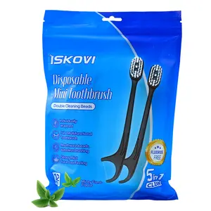 ISKOVI 5-in-1 Disposable Toothbrush Set with Toothpaste/Mouthwash Beads, Tongue Scraper, Floss & Toothpick for On-the-Go Use, 12 Pack - Oral