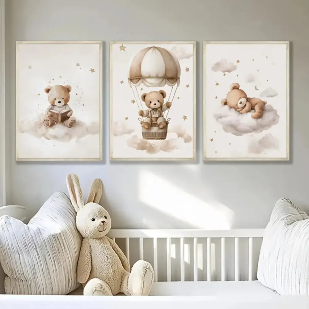 3 Pieces Boho Teddy Bear Stars Clouds Art Prints, Modern Childlike Animal Wall Mural, Soft Warm Home Art, Cute Gallery Decor, Soft Tone Painting, Wall Decor for Nursery and Kids Room, Framed or Unframed Options Available.