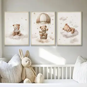 3 Pieces Boho Teddy Bear Stars Clouds Art Prints, Modern Childlike Animal Wall Mural, Soft Warm Home Art, Cute Gallery Decor, Soft Tone Painting, Wall Decor for Nursery and Kids Room, Framed or Unframed Options Available.