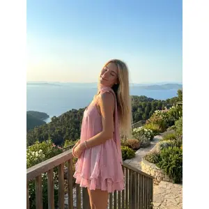 Sequin V-Neck Halter Ruffled Hem Oversized Mini Dress With Scarf