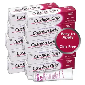 Cushion Grip Thermoplastic Denture Adhesive 1oz (10 Pack)–Extra Strong Hold Up to 4 Days, Unmatched Strength, Waterproof & Zinc Free, Relieves Sore Gums, Comfortable Refit, Long Lasting Denture Refit