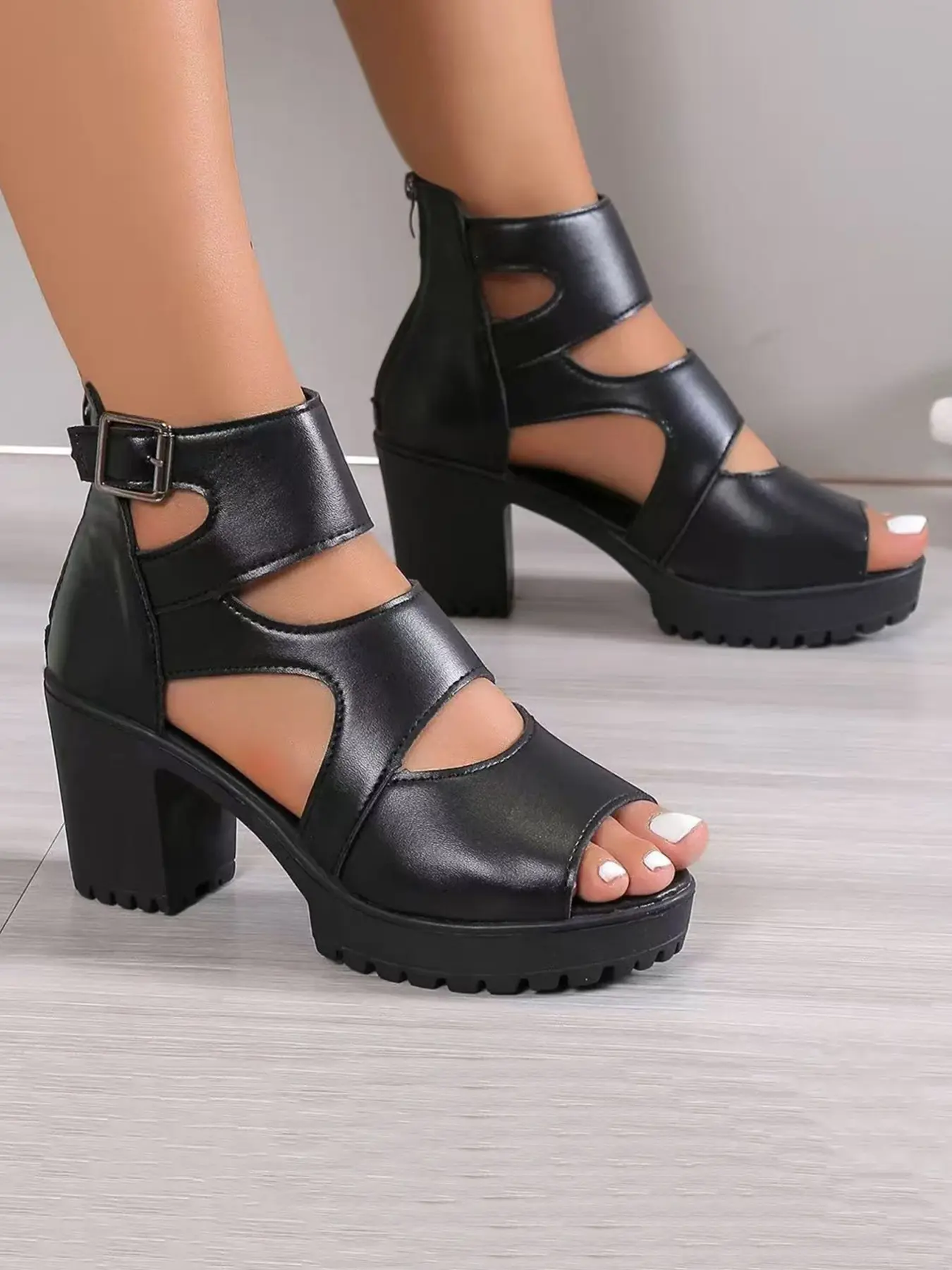 Women's Thick Sole Chunky Block Heels Fashionable Platform Sandals, Buckle Soft Leather Anti-Slip Daily Wear Casual Roman Shoes, Comfortable Outdoor Footwear
