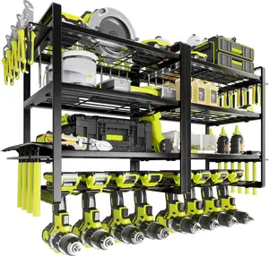 4 Tier Heavy Duty Wall-Mounted Drill Bit Holder, Powder-Coated Metal Construction Tool Organizer, Floating Storage Utility Rack for Garage Power Tools