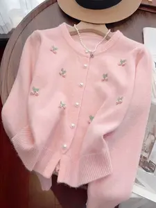 Women's Fashion Pearl Button Knit Cardigan, Long Sleeve Round Neck Sweater, Versatile Casual Outerwear for Women Elegance