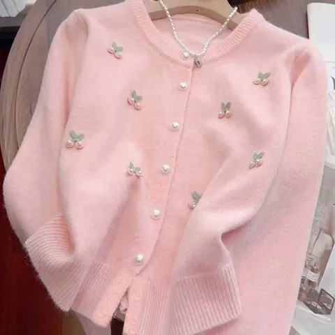 Women's Fashion Pearl Button Knit Cardigan, Long Sleeve Round Neck Sweater, Versatile Casual Outerwear for Women Knitwear