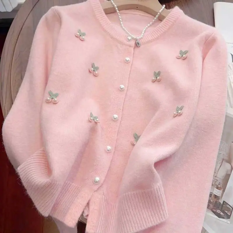 Women's Fashion Pearl Button Knit Cardigan, Long Sleeve Round Neck Sweater, Versatile Casual Outerwear for Women Knitwear