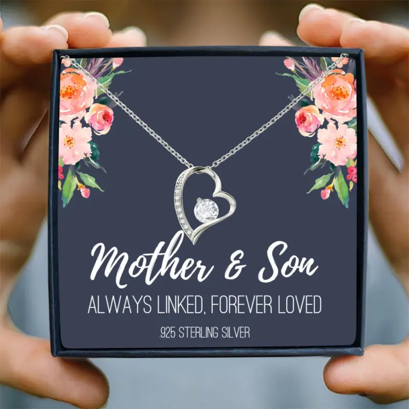 Mother & Son Forever Love Necklace, 925 Sterling Silver with 18k Gold Heart, Custom Message Card, Gift Box for Mom