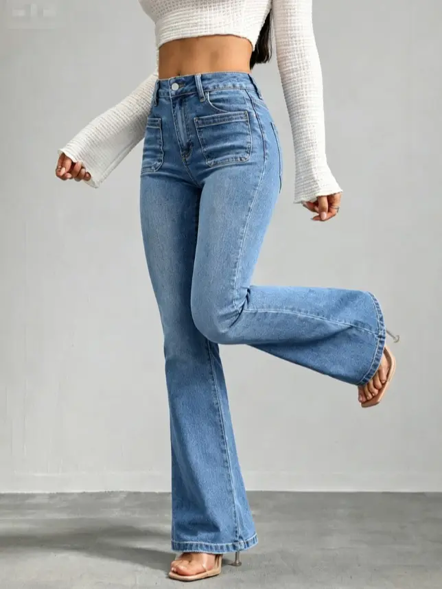 Women's High-Waist Light Wash Slim Stretch Flare Jeans - Denim Trousers with 2 Front Patch Pockets, Vintage Cowgirl Fashion Fabric, Casual Streetwear Bottoms