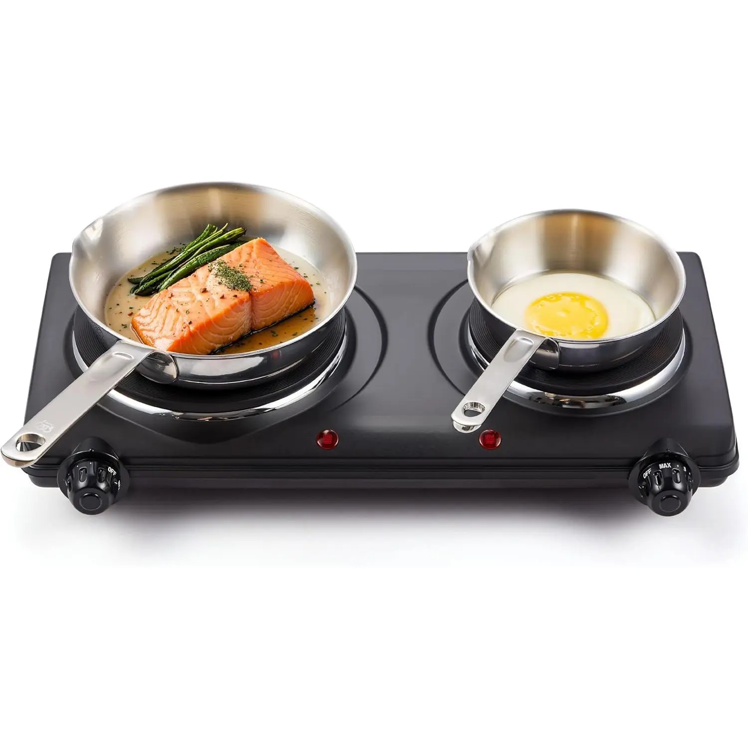 Countertop Double Cast Iron Burner, 1500 Watts Electric Hot Plate, Temperature Controls, Power Indicator Lights, Easy to Clean