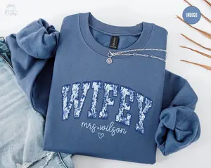 Personalized Wifey Sweatshirt, Toile De Jouy New Bride Shirt, Custom Bridal Shower Gift, Floral Honeymoon Crewneck, Fiance Getting Ready Outfit