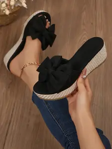 Women's Wedge Heel Sandals with Wide Straps and Large Bow Decor, Pure Color Jute Bottom, Perfect for Parties Beach Outdoor Wear, Bowknot Design Sandals