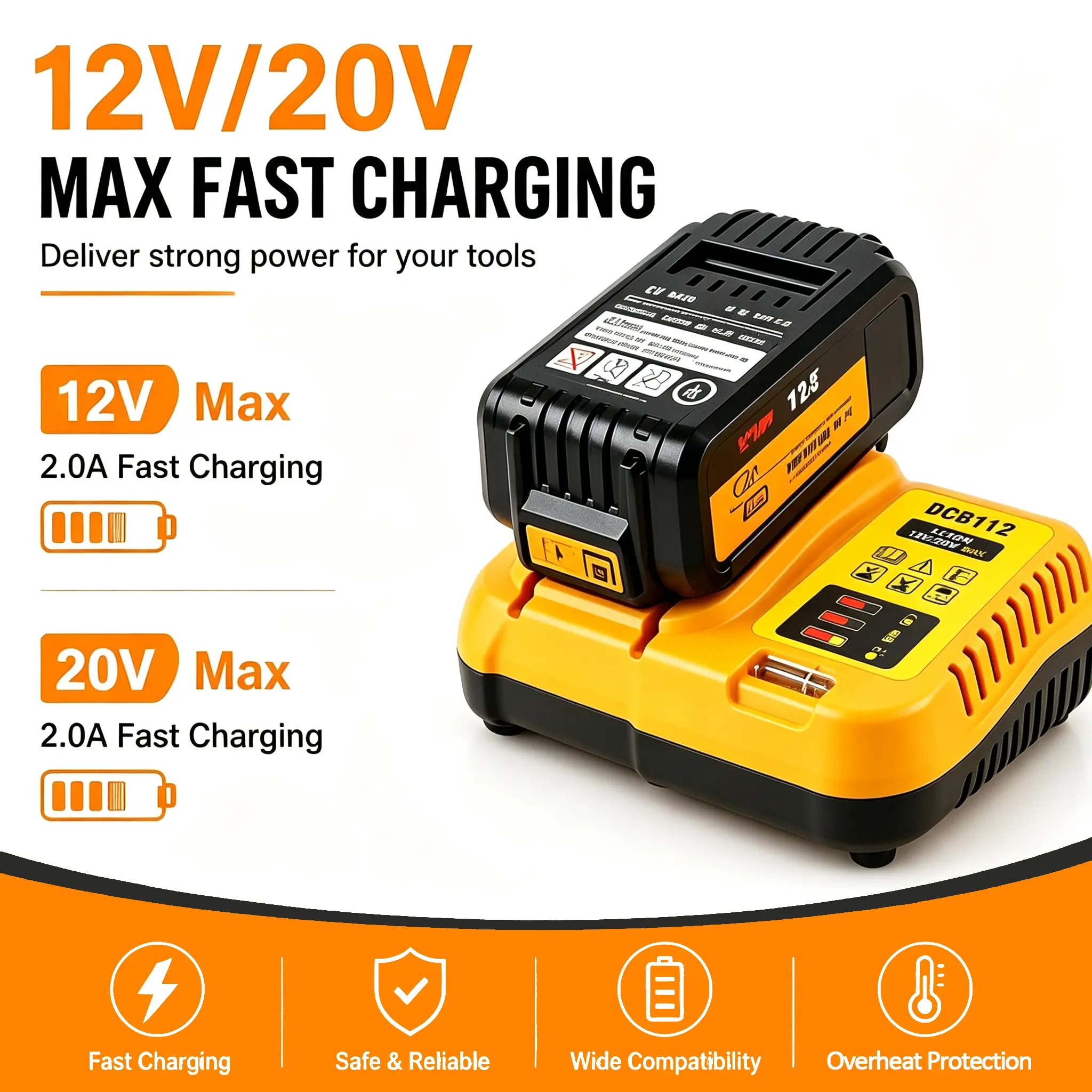 DCB112  Battery Charger for Cordless Tools - 12V 18V 20V Voltage, Replacement for DeWalt 20V High-Capacity Lithium-Ion Batteries (DCB204, 206, 609, 606, 120, 124 126, 200, 201, 208, 606, 609, 612 and More)No battery