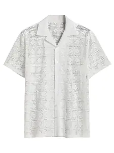 Men's Hollow Diamond Grid Short Sleeve Casual Shirt, Summer Breathable Cool, Hollow Pattern Design, Full Print, Plain Color