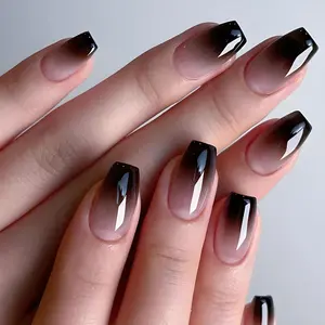 24 Pcs Black White Ombre Press on Nails Short Square - MINGCHUN Press Ons Nails Tips Design Full Cover French False Nails Glue on Nails Stick on Nails Acrylic Nail Art DIY
