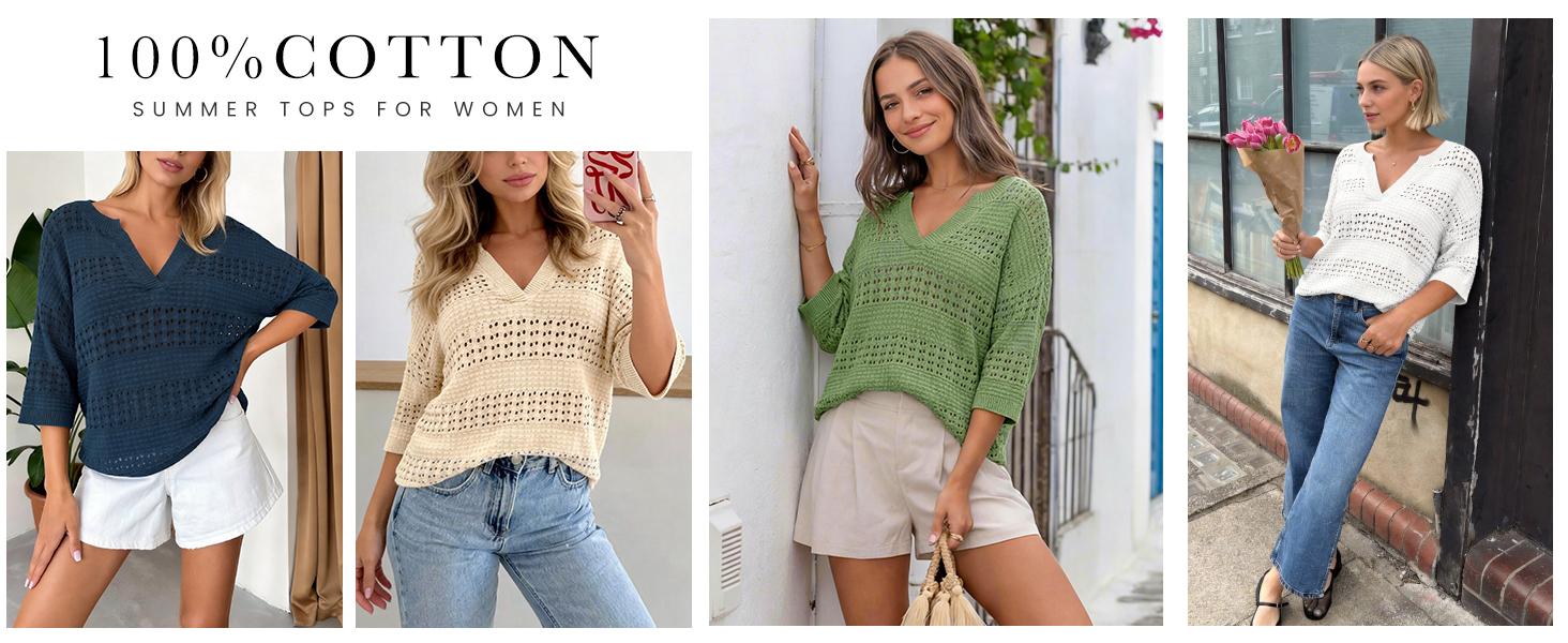 PRETTYGARDEN Womens Crochet Tops Casual Cotton Hollow Out Knit Short Sleeve Oversized Sweater for Women Summer Beach Cover Up