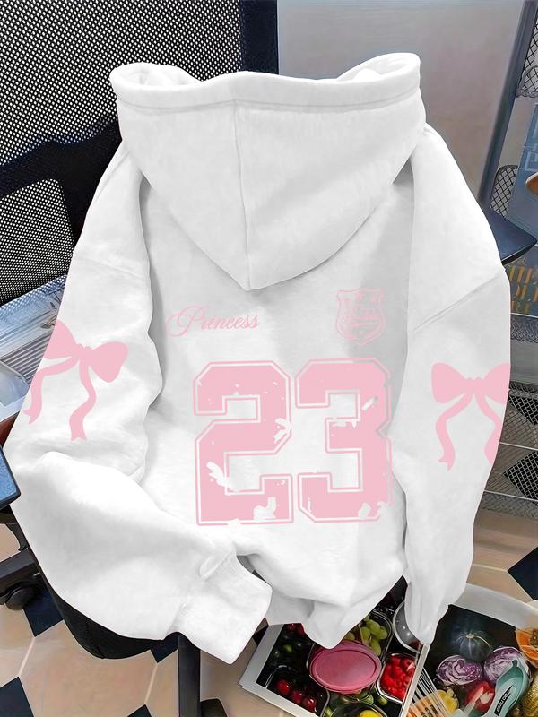 Women's cool and cute trendy number bow print hoodie, kangaroo pocket, drawstring hooded sweatshirt, fashionable autumn and winter wear, Graphic Hoodies