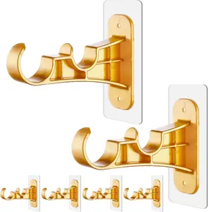 6-Pack No Drill Double Curtain Rod Bracket, Adhesive No Drilling Curtain Rod Holder Hooks, Screw-Free Sticky Curtain Brackets Hangers for Home Kitchen, Bathroom, Living Room - Gold