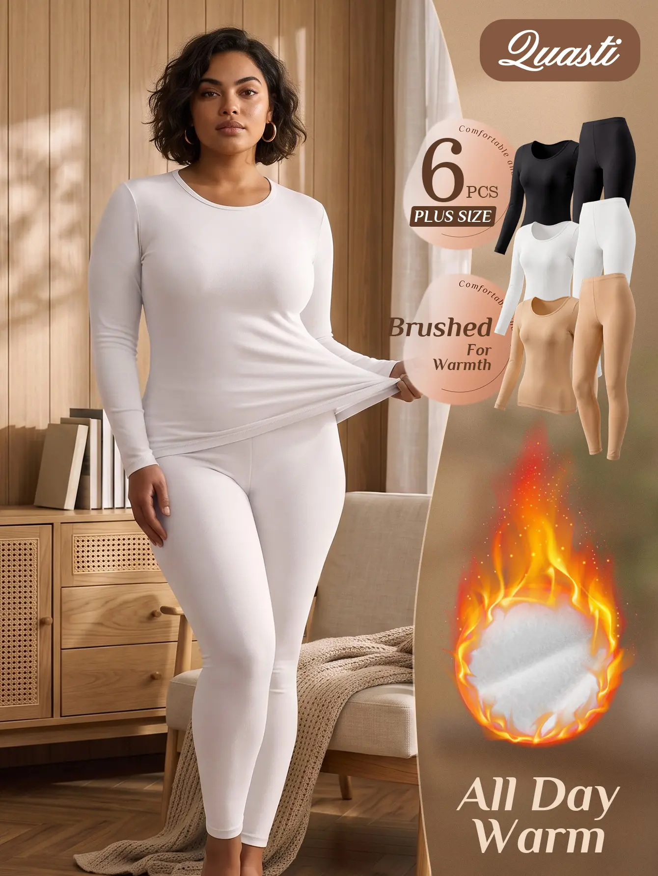 QUASTI 6PCS Women's High Stretch Thermal Base Layer Set, Crew Neck Long Sleeve Top & Long Johns, Soft Stretchy Fitted Winter Thermals, Ladies Cold‑Weather Layering Loungewear Sleep Underwear for Indoor Outdoor Daily Wear