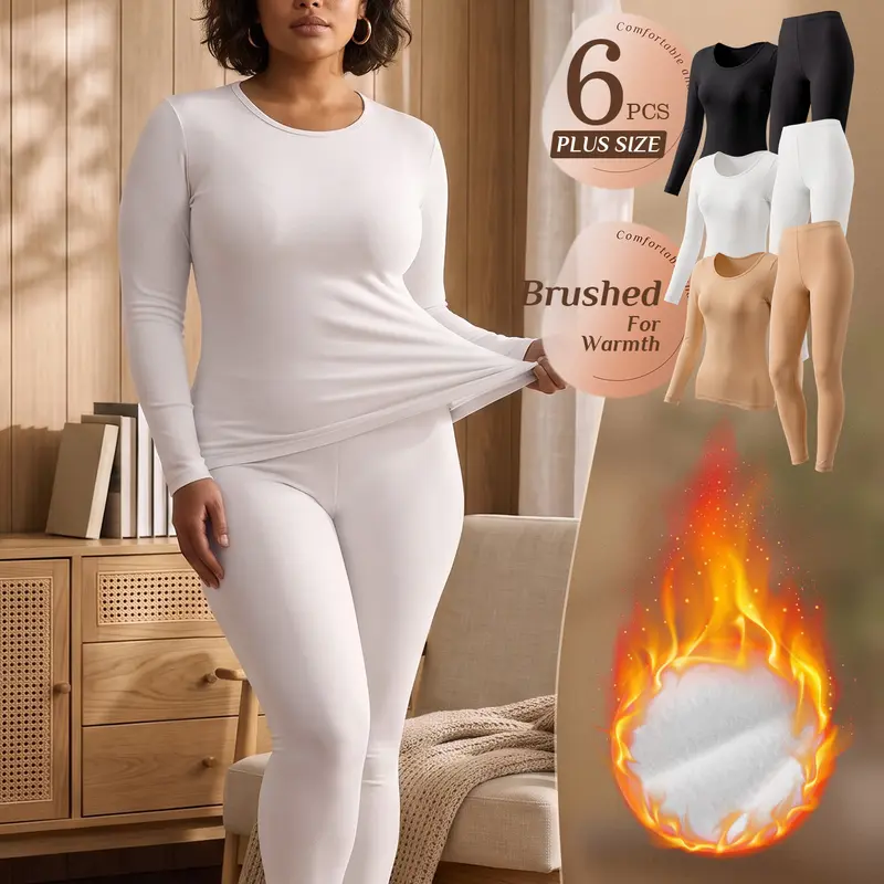 QUASTI 6PCS Women's High Stretch Thermal Base Layer Set, Crew Neck Long Sleeve Top & Long Johns, Soft Stretchy Fitted Winter Thermals, Ladies Cold‑Weather Layering Loungewear Sleep Underwear for Indoor Outdoor Daily Wear