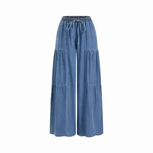 Cider Denim Mid Rise Drawstring Ruched Wide Leg Jeans