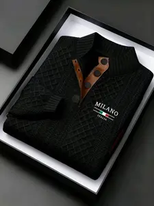 Men's Winter Knit Button Front Stand Collar Sweater, Vintage Texture Plaid Letter Print Shirt, Casual Outdoor Wear for Cold Weather