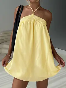 Sexy Halter Backless Sleeveless Vacation Dress, Draped Halter Neck, Classy Dresses, Plaid Pattern, Holiday Style, Women's Fashion, Perfect for Summer Parties and Outings