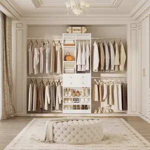iSunirm Closet System, 4.2–8.8 FT Closet Organizer with 2 Wooden Drawers and Shelves, Walk-in Closet System with 5 Hang Rods, Built-in Reach in Closet Tower, Can Fit 60 to 96 inch