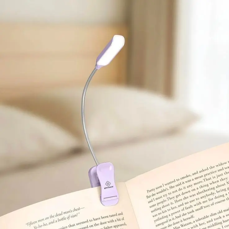 Glocusent Willow Book Light, 10 LED Bright Reading Light, 3 Brightness, USB-C Rechargeable, 80hr Runtime, Lightweight Clip-On, Adjustable RGB Lighting, Colorful Backlight for Bed Reading