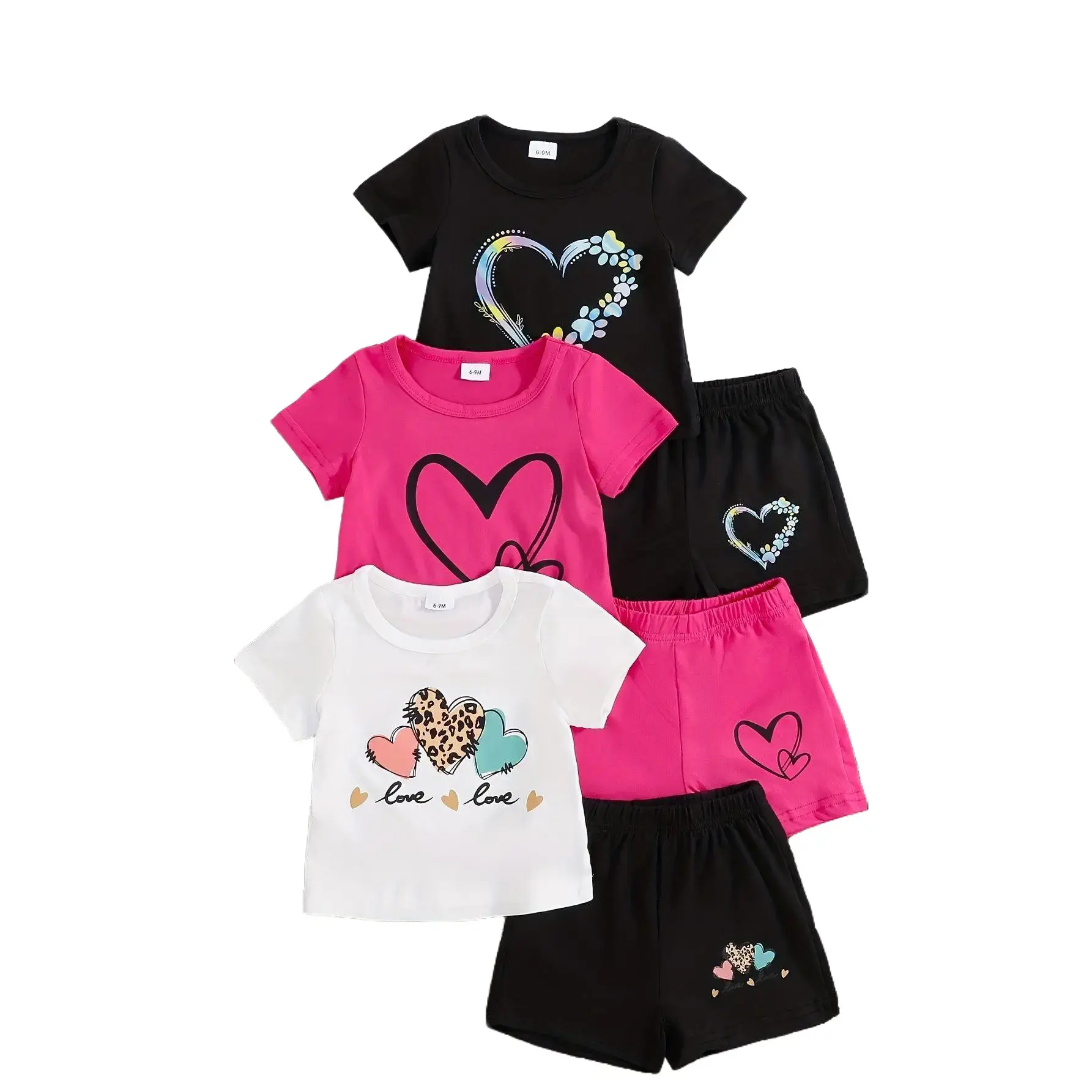 3 styles of girls’ heart print sets, 2-piece set: short-sleeve T-shirt + shorts, casual summer playwear for ages 3–12