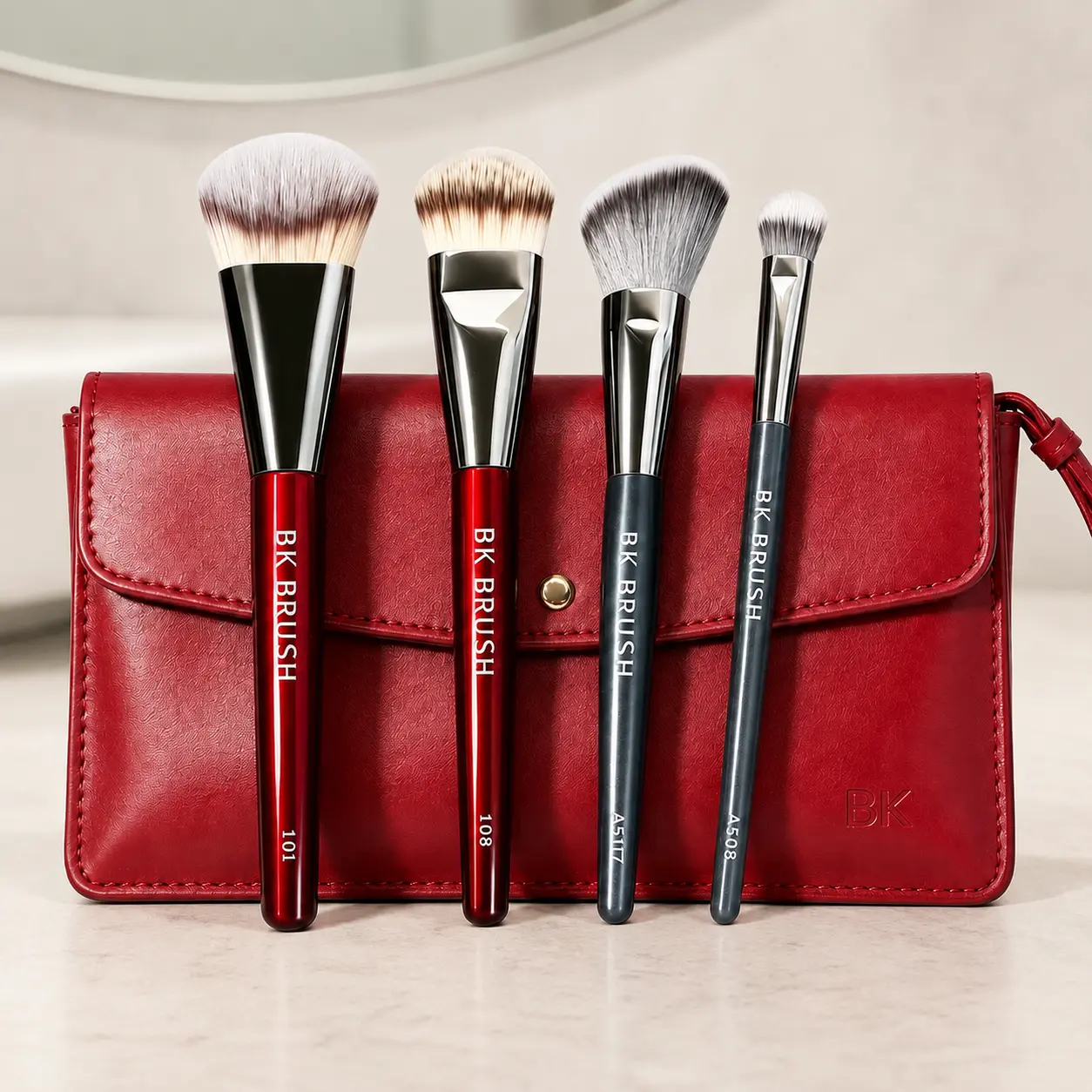 BK Brush 4-Piece Deluxe Makeup Brush Set with Red Pouch, Soft Fiber Bristles for Foundation, Powder, Liquid, Cream, Blush and Contour