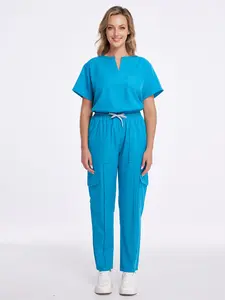 Women’s Scrubs Set：Bound V-neck Top + Straight Leg Pants, Medical Uniform, Comfortable Nurses & Healthcare Workwear