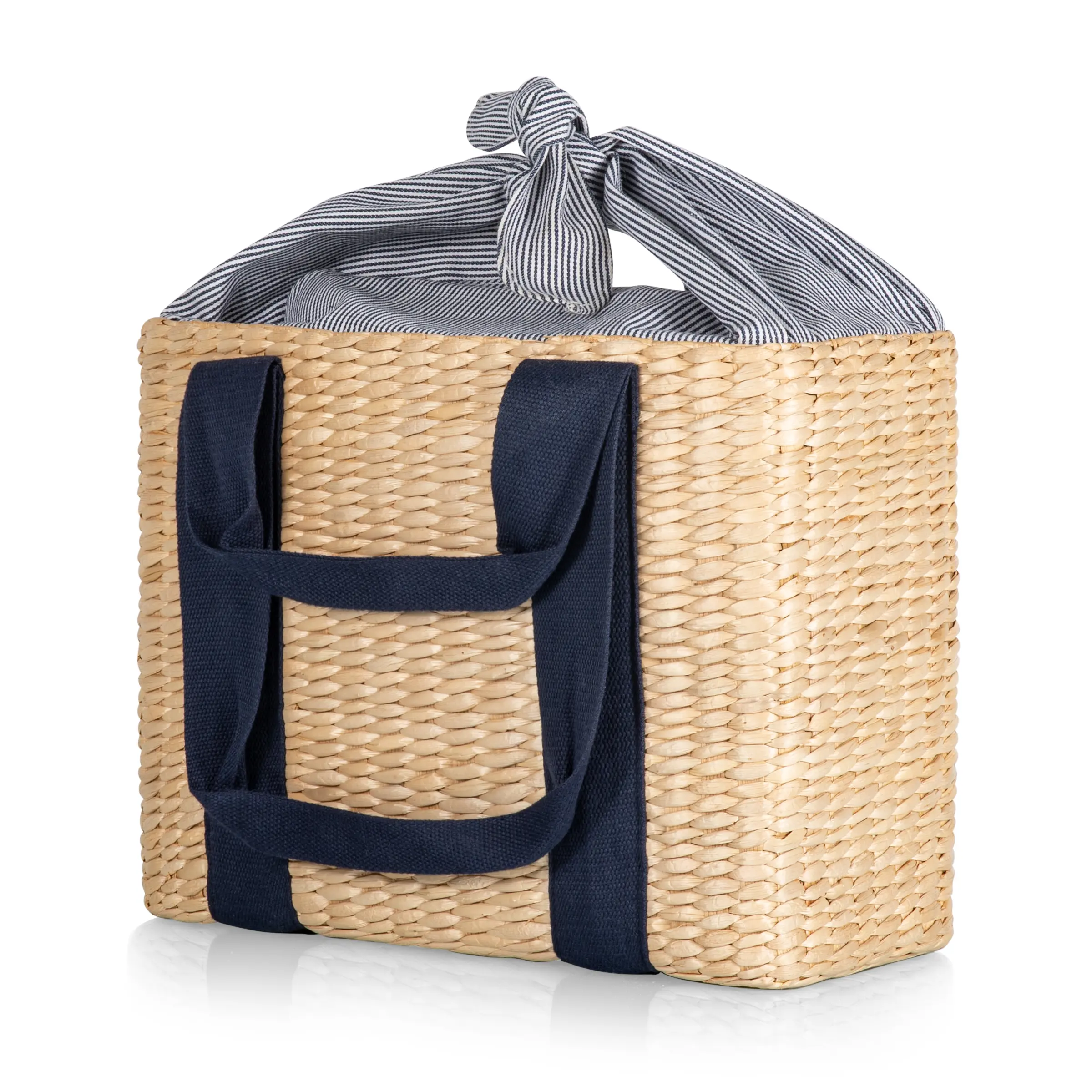 Beige Seagrass Vintage Parisian Picnic Basket - Navy Blue Accents, Insulated, 20 Can Capacity, 6.3 in, Casual Loose Fabric Tie Closure, Camping Gear, Picnic Bag, Carry Basket, Outdoor Camping Supplies, English-Style Hamper for Camping Hiking
