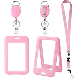 ID Badge Holder with Retractable Scroll and Detachable Strap Clip, Double-Sided Transparent Card Case, Easy-Open Buckle, Key Card Protector, Suitable for Office, Teachers, Nurses, Students, Ladies (Pink Vertical)