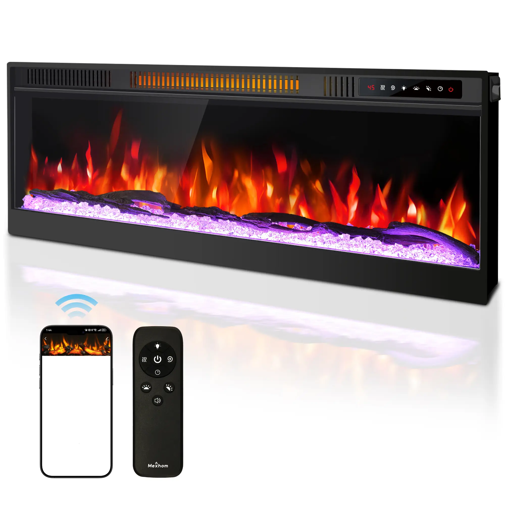 Electric Wall Fireplace – Remote & APP Control, Multicolor Flame, 12 Ember Colors, 8H Timer, Child Lock